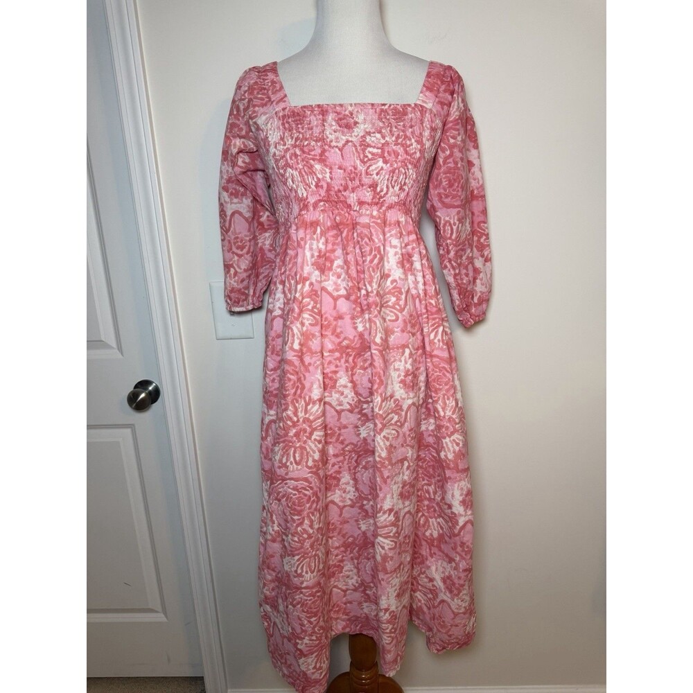 Madison Mathews Smocked Midi Dress Women’s XS Pink Floral 100% Cotton